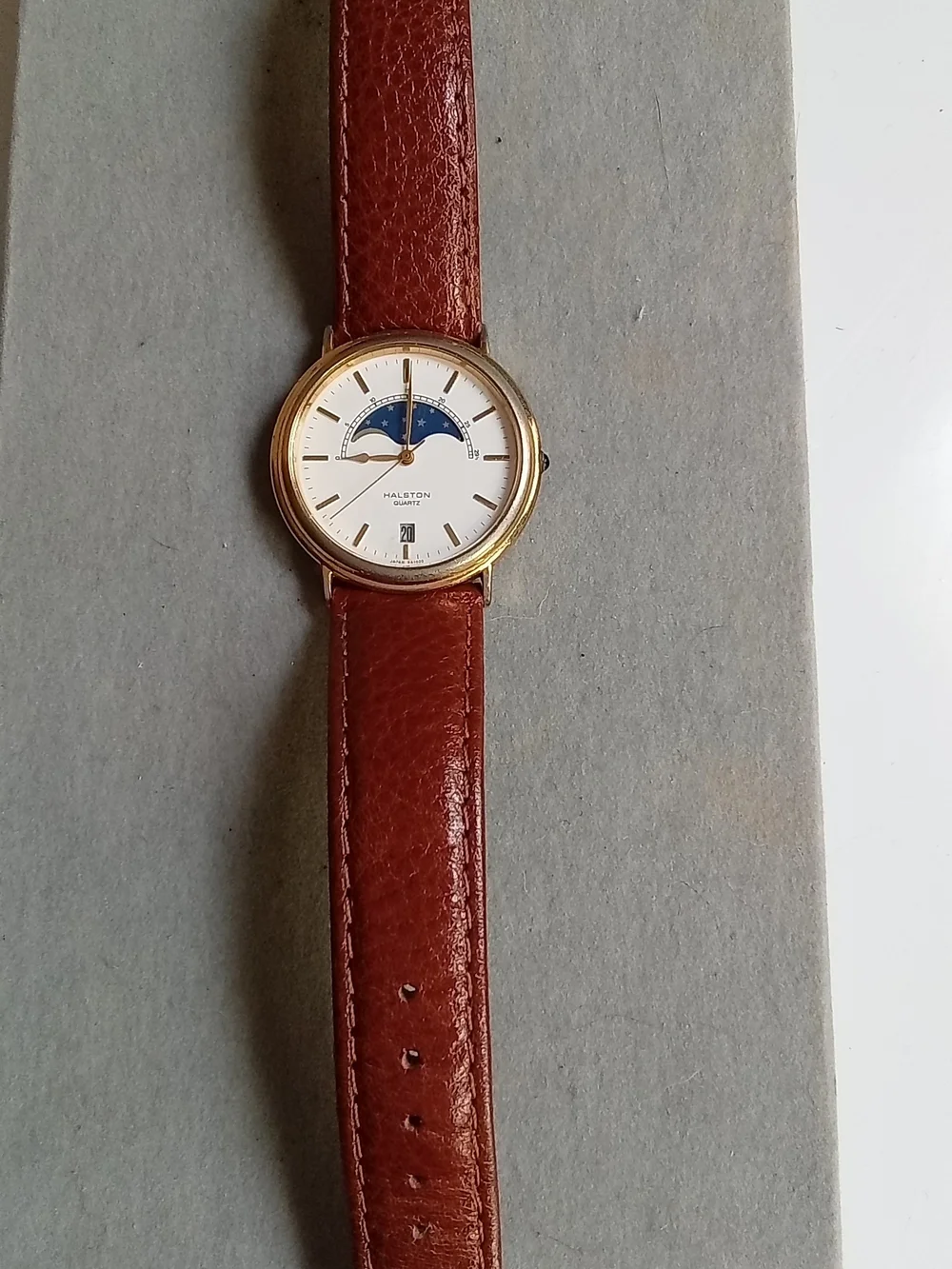 Halston Quartz Watch Moon Phase Date Gold Tone Brown Leather Strap 001-6M85
